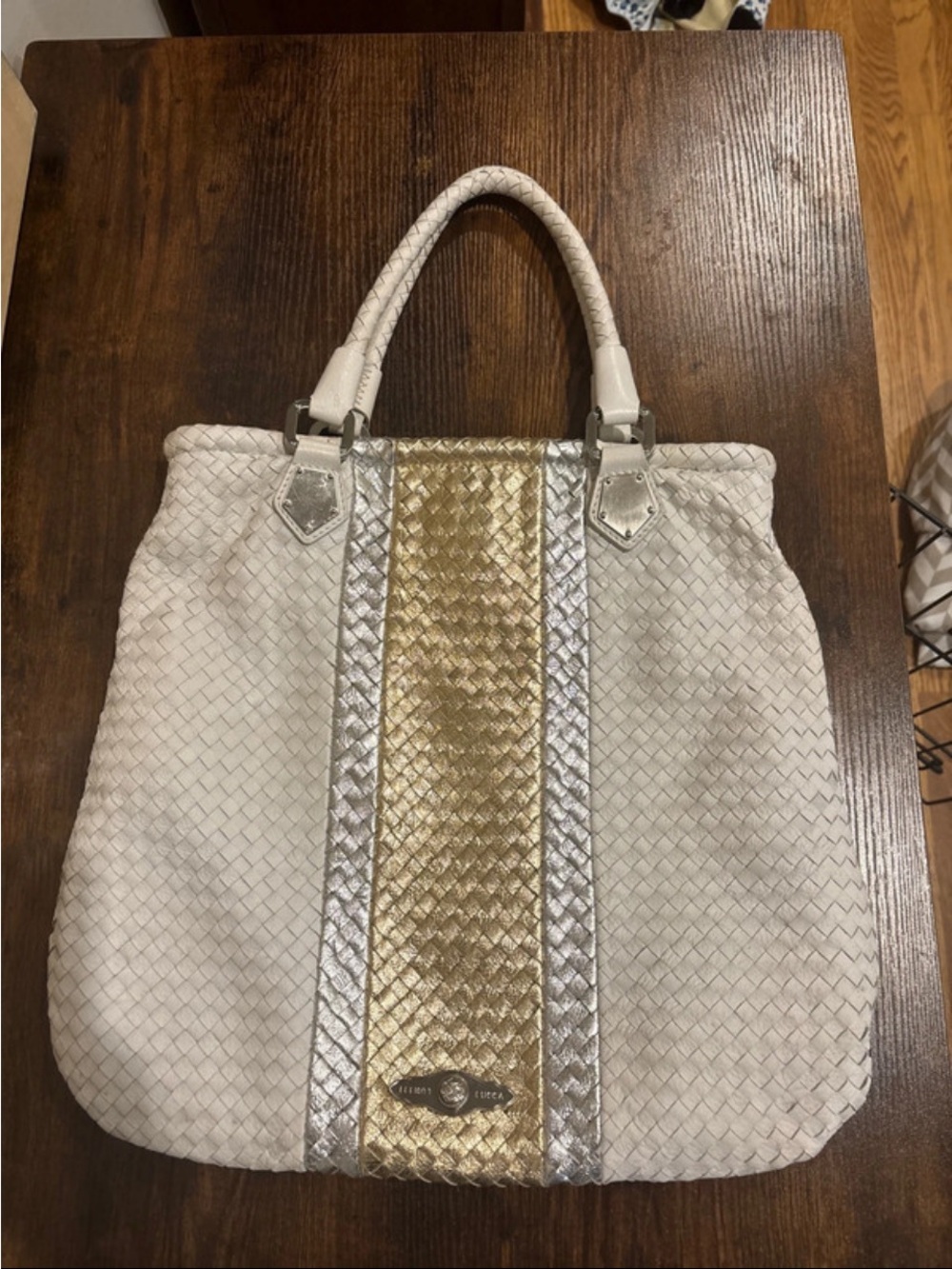 Elliott Lucca White Woven Tote with Gold & Silver Center Panel